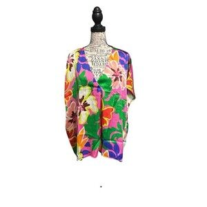 ENTRO Women’s Sz Med Silky Retro Floral‎ Oversize Top V-Neck Bat Sleeves City